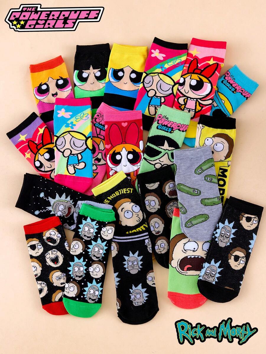Warner Bros 6/12/20 Pairs Random Women's Socks Warner Series The Powerpuff Girls And Rick And Morty Collaboration Cute Cartoon Print Including Bubbles, Blossom, Buttercup, Funny Character Portraits, Lettering, Versatile, Comfortable, Fashionable Color-Block Design, Reinforced Toe And Heel, Durable, Suitable For All Seasons - Multicolor - View 1