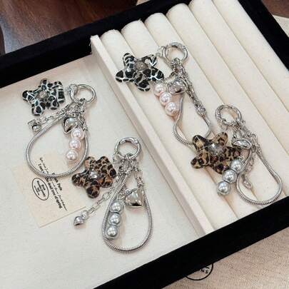 Y2K Aesthetic Leopard Print Star Keychain, Retro Pearl Bead Bag Charm, Snake Chain Pendant For Handbag & Keys