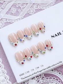 10pcs Handmade Short Almond Shape Classic French Press-On Nails, Pure White Tips With Colorful Rhinestone Border, Suitable For Party, Dance, Daily Wear, Comes With Tool Set, Perfect Gift For Women And Girls - White - View 3