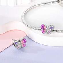 1pc S925 Sterling Silver Butterfly Pendant Bead, Multiple Gradient Colorful Enamel & Cubic Zirconia Butterfly Designs, Transparent Wings With Exquisite Rhinestones, Comes With Gift Box, Suitable For Bracelets & Necklaces, Romantic Girly Style, For Handmade DIY Jewelry Making & Daily Gift Wearing - Multicolor - View 8