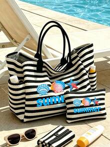 1/2件組條紋托特包與化妝包，印有「Summer」圖案，適合度假、旅行、通勤、購物，送給家人與朋友的禮物 - 彩色 - 查看 2