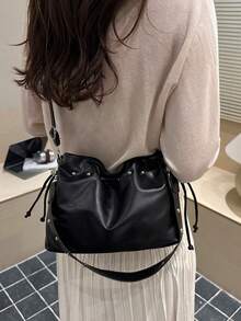 Minimalist Solid Color Soft PU Bucket Bag, Adjustable Rivet Wide Strap Crossbody Handbag For Casual Daily Dating Street Wear - Black - View 3