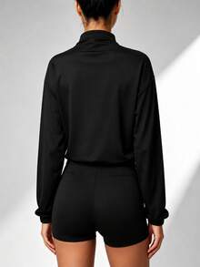 Women's Solid Color Long Sleeve Zip-Up Casual Sports Jacket Black - Black - View 4