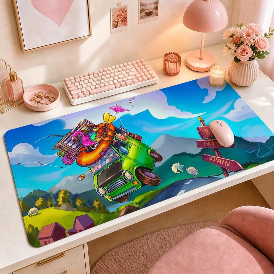 Cute Cartoon Animal Road Trip Green Van Large Vanity Mat, Colorful Mountain Countryside Travel Sign Print Non-Slip Rubber Extended Mouse Pad, Waterproof Long Keyboard Mat, Suitable For Makeup Table, Office Desk Decoration - View 1
