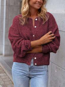Sylvia Women's Autumn/Winter Solid Color Minimalist Basic Button-Up Round Neck Slimming Loose Knit Cardigan, Gentle Daily Commute - Burgundy - View 2