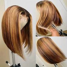 Honey Blonde Piano Highlight Short Bob Wig 13x4 HD Transparent Lace Frontal Human Hair Wigs For Women Salon Color Hair 150% Density Ombre 4/27 Straight Glueless Wear And Go Wigs Cheap Highlight 12inch Colored Bob Wig Pre Plucked With Baby Hair Around - S4/27 - View 8