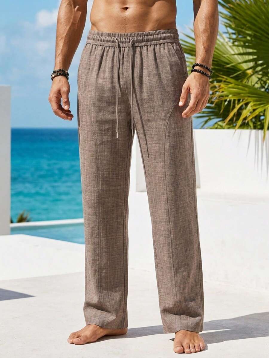 1pc Faux Linen Textured Long Pants, Men's Vacation Style Casual Long Pants, Lightweight Breathable Fabric, Beach Slouchy Relaxed Straight Leg Pants, Loose Fit Flattering Leg Shape, Comfortable Skin-Friendly, Machine Washable, Vacation Style, Beach Vacation, Island Travel Men's Pants - Coffee Brown - View 1