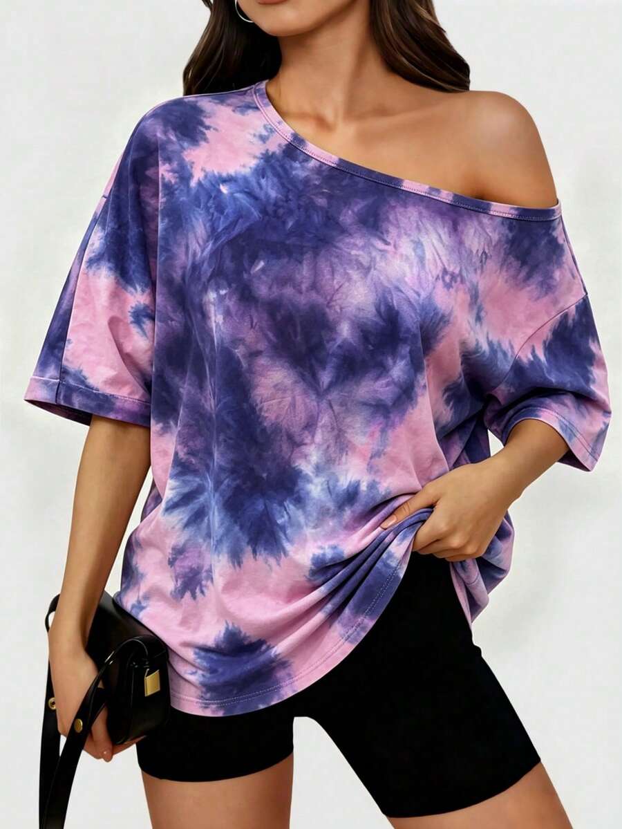 Speed mate Women's Fashion Print Asymmetric Neckline Short Sleeve T-Shirt Sports - Multicolor - View 1