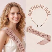 2Pcs Rose Gold Birthday Girl Rhinestone Tiara & Glitter Sash Set Women Princess Crown Headband Party Decorations Gift - Champagne - View 11