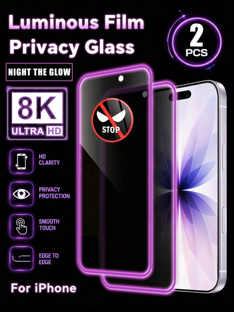 2片裝紫色氣泡發光鋼化玻璃防窺螢幕保護貼，適用於 iPhone 18 Pro/18 Pro Max/14 6.1"、13/13 Pro 6.1"、15/15 Pro Max、16/16 Pro/16 Pro Max、17/17 Pro/17 Pro Max，AIR 發光膜，手機配件，相容手機殼