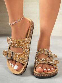 Women's Rhinestone Cork Thick Sole Double Buckle Slippers - Gold - View 4