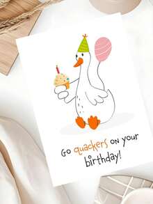 1Pc Cute Hand Drawn Duck Birthday Greeting Card, Pun Quote "Go Quackers On Your Birthday", Party Hat Cupcake & Pink Balloon Illustration, Minimal White Background Sweet Animal Lover Gift - Multicolor - View 5