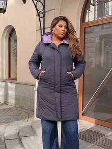 Astrid Plus Size Winter Coat Solid Color Long Sleeve Minimalist Fashion Casual Everyday - Dark Grey - View 6