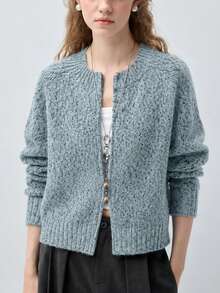 Women's Autumn/Winter Minimalist Casual New Colorblock Zip-Up Round Neck Knit Cardigan Sweater Jacket - Dusty Blue - View 4