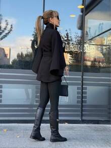 Women's Solid Color Front Button Waist Wool Cape, Casual Date Outfit, Autumn/Winter Black Coat - Black - View 4
