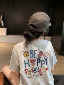Kaos Wanita Kasual Longgar Leher Bulat Lengan Pendek Motif Huruf & Kartun Gaya Y2K, Serbaguna untuk Musim Semi/Panas - Abu-abu muda - View 2
