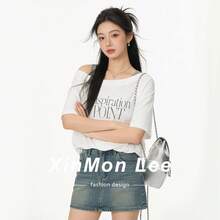 韓式休閒復古甜酷字母印花假兩件/解構短袖T恤，適合辦公、居家、日常夏季穿著 - 白色 - 查看 3