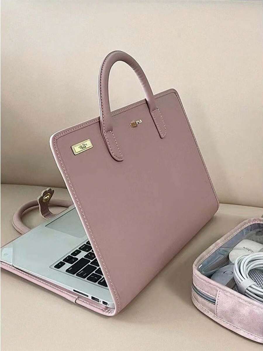 1pc Pink PU Leather Laptop Bag With Side Pocket - Fashionable Durable Women's Laptop Bag, Pink Laptop Sleeve, Elegant Practical Design, Computer Bag - Multicolor - View 1