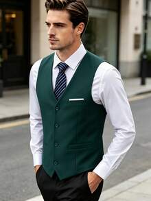 Vest For Men Solid Formal Suit Waistcoat With Wide Pockets For Business Wedding Party To Match Men Suits - Dark Green - View 6