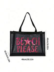 玫瑰紅亮片字母 BEACH 主題印花網眼托特包，「BEACH」字母與椰子樹圖案，大容量透明沙灘包，便利化妝包－度假必備、學生禮物、便攜式沙灘度假大容量單肩包、透明網眼化妝收納包，適合旅行、野餐、購物、辦公、外出、約會、日常使用、開學禮物、教師節禮物 - 彩色 - 查看 12