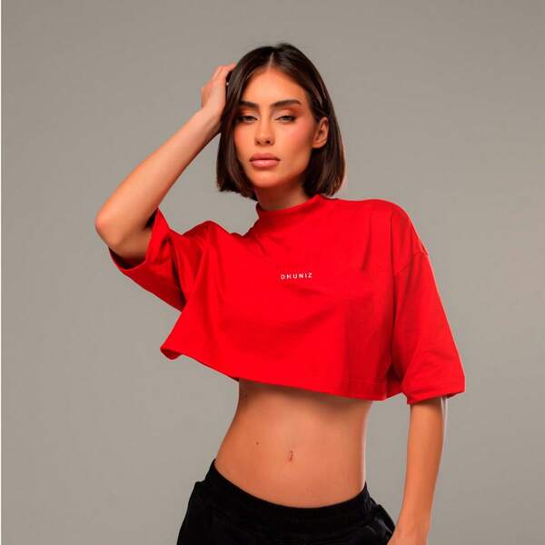 Cropped Gola Alta Estampa Alto Relevo Oversized Feminino Camiseta Heavy Streetwear Textura Confortavel Soltinha Modinha, Ideal para Malhar Treino Dia a Dia Basica Casual