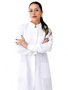 Jaleco Feminino Oxford Branco, Botão Embutido, Gola Padre, Elástico Punho, Acinturado, Manga Longa - Oxford - Branco - Visão 10