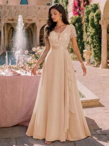 MIUSOL Vestido Longo Formal de Festa com Decote V Profundo, Lantejoulas, Renda, Babados e Chiffon, Vestido de Noite Formal para Casamento no Outono - Champanhe - Visão 5