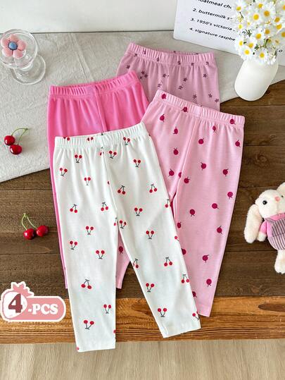 Baby Girl Spring/Autumn Versatile Dopamine Color Sweet Cute Floral Cherry Series Comfortable Casual Ribbed Leggings 4-Pack