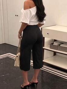 High Waist Wide Leg Capri Pants, Casual Pure Black Loose Capri Pants, Comfortable Slimming And Versatile Sports - Black - View 10
