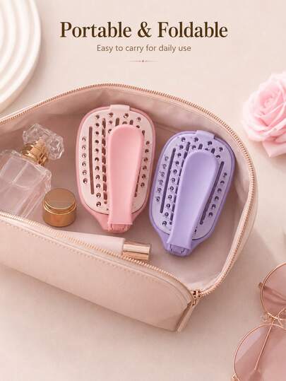 Pink/Lavender Self-Cleaning Foldable Detangling Hair Brush, Portable Plastic Travel Styling Brush With Removable Easy Clean Hair Removal Panel & Rounded Tips, Wet Dry Hair Care Brush For Curly Wavy Thick Hair, Women Girls Home Dorm Travel Use