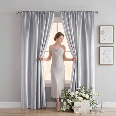 1pc Rod Pocket Design Partition Curtain, Solid Color Smooth Semi-Blackout Window Curtain, Suitable For Living Room, Bedroom, Wedding, Party Backdrop Decoration
