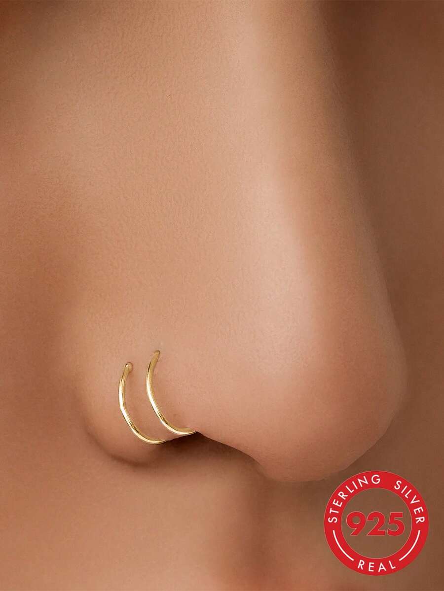 1pc S925 Silver Plated 14K Gold Double Nose Ring, Suitable For Single Hole Nose - Expandable Nose Ring, Small Spiral Nose Ring - 14K Gold Plated Silver Nose Ring - Pure Silver Jewelry - Hypoallergenic - Unisex Piercing Jewelry - Fashion Hip Hop Style - Suitable For Daily Wear - Multicolor - View 1