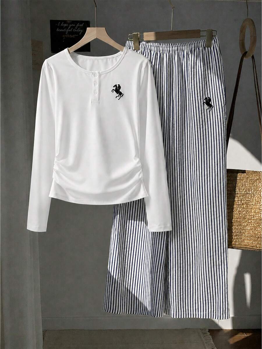 Teen Girls Spring/Autumn Fashion Casual Minimalist Embroidered Round Neck Long Sleeve Top & Elastic Waist Striped Wide Leg Pants 2pcs Set Suitable For Daily Outings, Travel, Commuting - Black and White - View 1
