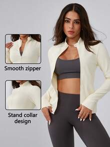 Leorrey 1 Peça Jaqueta Esportiva de Manga Longa para Mulheres, Moda, Caminhada ao Ar Livre, Trekking, Fitness, Exercício, Yoga, Corrida, Ciclismo - Branco - Visão 3