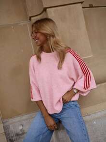 Pull femme à manches 3/4 rayé bicolore, col rond, coupe ample, effet duveteux, style streetwear sportif pour le quotidien, rose, 2026 - Rose bonbon - Voir 6