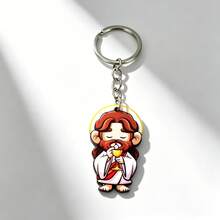 5 Random Cartoon Style Gentle Elder Image Wooden Keychain, Suitable For Peace Symbol Handbag Decoration Or As Spiritual Keepsake Gift For Faith Enthusiasts - Multicolor - View 6