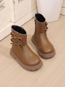 1雙棕色女童中筒靴，柔軟舒適PU材質，蝴蝶結側拉鍊設計，圓頭，保暖軟底，時尚可愛公主靴，適合3-15歲女孩，日常、度假、校園、戶外穿著，秋冬新款 - 棕色 - 查看 6