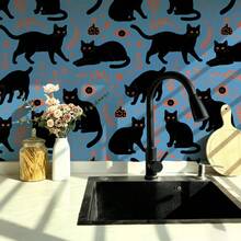1 Rollo de Papel Tapiz Autoadhesivo de Gato Azul y Negro - Despegable y Adhesivo, Papel Contacto Removible, 17.32 Pulgadas de Ancho. Adecuado para Sala de Estar, Dormitorio, Gabinete y Renovación de Estantería, Pegatina Decorativa de Pared Estética DIY - Gato azul - Ver 8