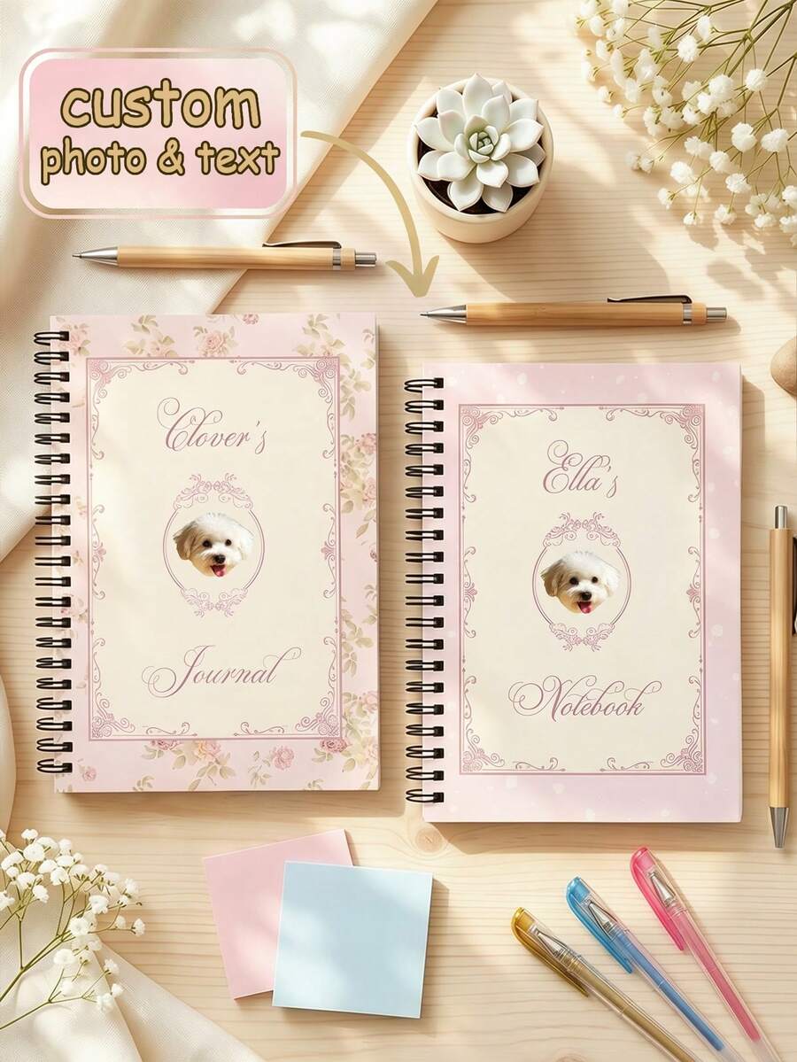 Customized Pet Photo Notebook, Crushed Flower Vintage Border, Cat And Dog Head Coil Notebook, Can Print Personalized Name, Pet Owner's Commemorative Gift, Girl-Style Student Stationery, Back-To-School Gift - Multicolor - View 1