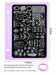 7Pcs Nail Stamping Plates Set With Pink Alloy Buckle, Stainless Steel Nail Art Template With Cherry Blossom Plaid Check Lace Mesh Heart Bow Music Note Pattern, Sweet Y2K Girly Nail Stamp Plate With Metal Rings For Salon DIY Manicure Accessories - Multicolor - View 16