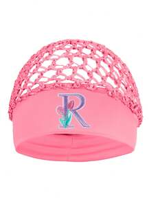 Floral Embroidered Letter Mesh Cap For Women - Personalized Initial Alphabet Elastic Wide Band Hair Bonnet, Crochet Hollow Out Night Sleep Hat - Pink - View 29