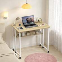Folding Table With Wheels - Home Office Desk - 80x58x75cm - Folding Computer Desk With Bookshelf - Portable Mobile Workstation - Suitable For Small Spaces - Mustard Yellow - View 9