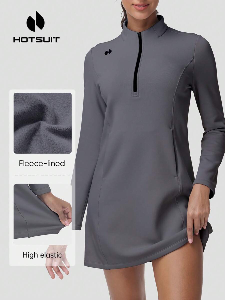 HOTSUIT 女款輕量針織抓絨連帽套頭長裙,1/4拉鍊設計,附袋鼠口袋,四向彈性,適合春季穿著 - 深灰色 - 查看 1