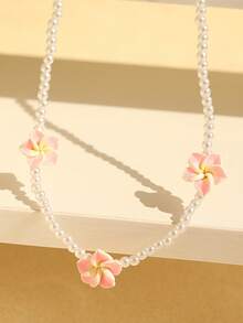 1pc Delicate Cute Pink Plumeria Beaded Collarbone Necklace, Suitable For Women's Daily Wear, Party, Outing - beaded necklace - View 4