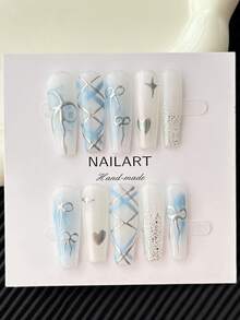 10PCS/31MM Icy Blue Gradient Trapezoid Handmade Press-On Nails, Silver Bow Plaid Heart Star Glitter Decor, Soft Sexy Style, Suitable For Summer Wedding, Graduation, Evening Party, Date, Commute And More Occasions - Multicolor - View 5
