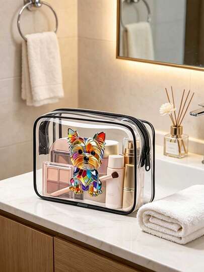 Cute Painted Glass Style Rainbow Yorkshire Terrier Puppy Pattern See-Through PVC Toiletry & Makeup Bag-Cute Artistic Colorful Pattern With Black Zipper Trim, Portable Zippered Makeup Storage Bag With Waterproof Zipper Design For Travel; Daily Toiletry Storage Bag Lightweight, See-Through, Dust-Proof And Easy To Carry; Suitable For Business Trips, Fitness