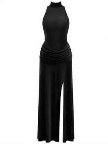 女士优雅黑色针织中长连衣裙，立领设计，褶皱细节，长款铅笔裙 - 黑色 - 查看 8