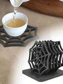 1/6pcs Halloween Spider Web Wooden Coasters, Creative Hollow Desktop Decor, Gothic Style Personalized Heat-Resistant Mats, Suitable For Party, Wedding, Birthday, Holiday, Home Decor, Halloween Party Supplies - View 3