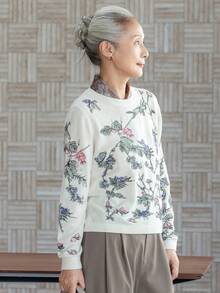 女款時尚花卉針織毛衣，柔軟長袖套頭上衣，適合萬聖節、感恩節、聖誕節節日穿搭 - 白色 - 查看 2
