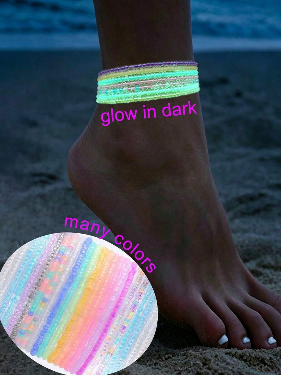 6/12/24/60pcs Bohemian Glow In The Dark White/Pink/Purple/Blue/Colorful Beads Anklet, Women Beach Holiday Party Gift - Glowing Anklet - View 1
